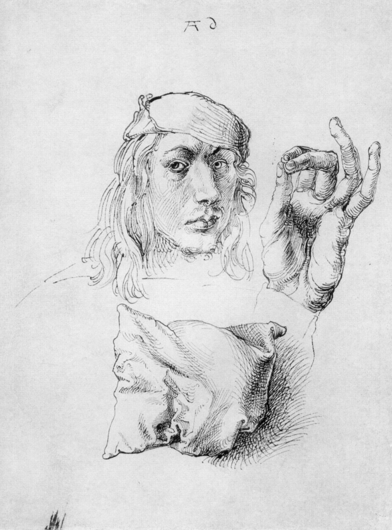Albrecht Dürer (1493. Наброски. Подушка кисть руки и автопортрет в 22 года)