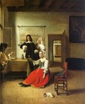 Живопись | Питер де Хох | Молодая женщина, пьющая с солдатами, 1658